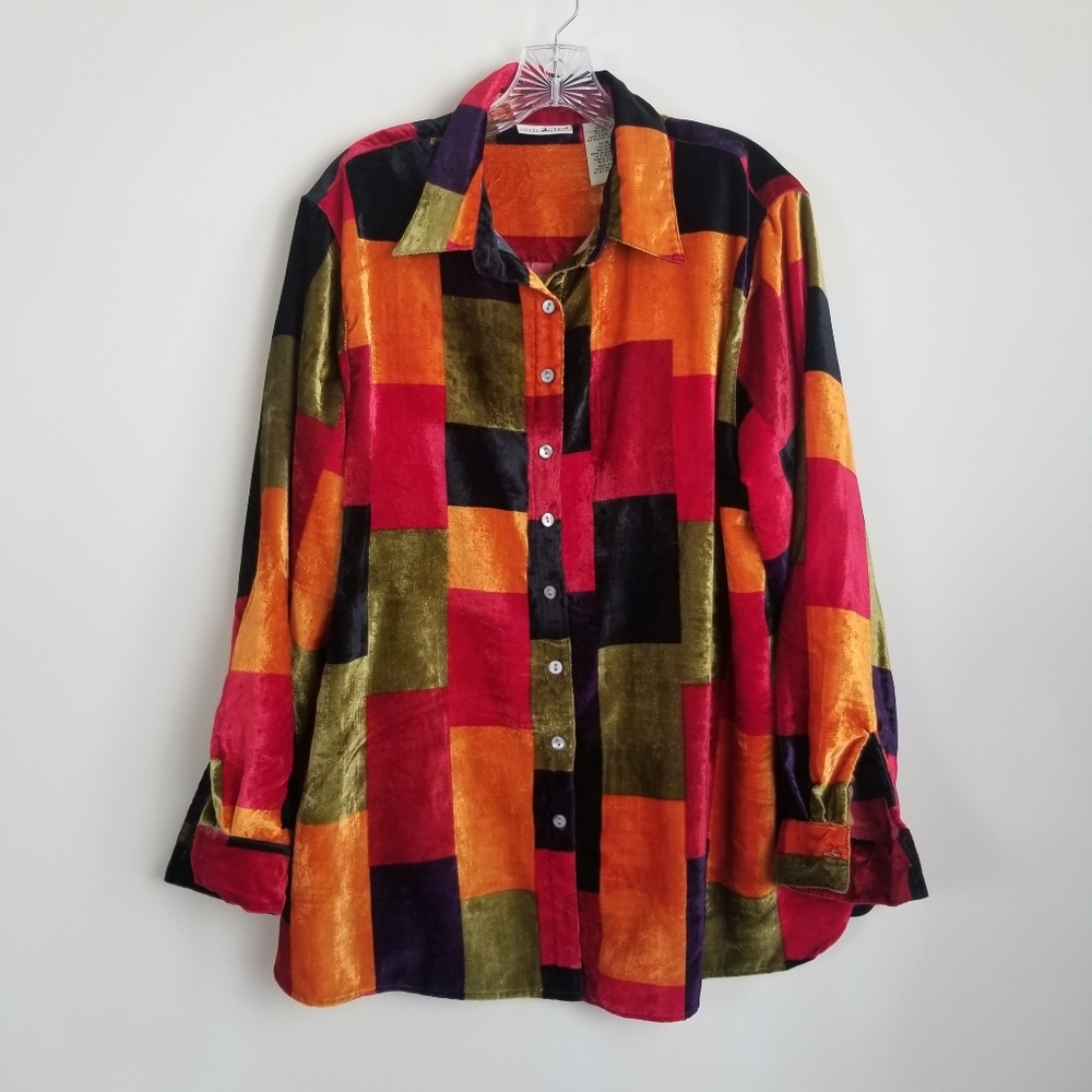 White Stag Woman Patchwork Velour Shirt Top 14W/16W - Picture 1 of 6